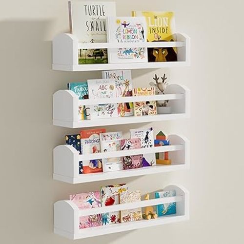 Nursery Book Shelves, 4 Pcs White Floating Shelves for Wall, 16.5 inch Solid Wood Scalloped Shelves, Wall Mounted Bookshelf for Toddler Room, Baby Room, Nursery Decor