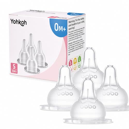 YOHKOH Baby Bottle Nipples for Wide Neck Bottles, 100% Natural Feel Silicone Nipples, BPA-Free (0m+, S, 4 Counts)