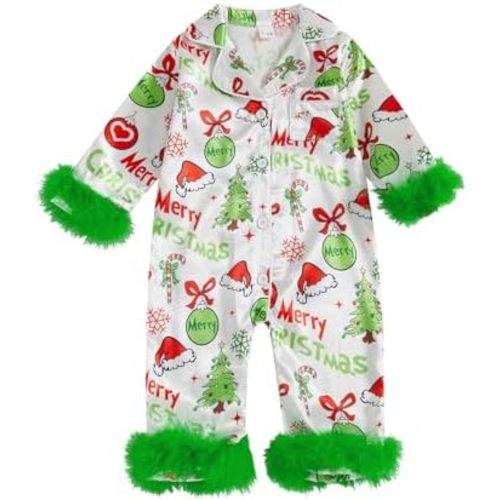 Kavousa Baby Girl Christmas Pajamas Pjs Long Sleeve Button Down Newborn Pajama Romper Sleepwear One-piece Pjs Lounge Set