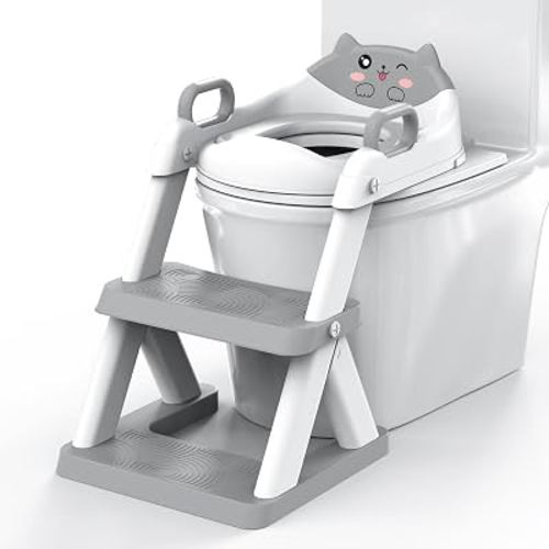 HBTower Potty Training Toilet Seat with Step Stool Ladder & Safety Handles | 2-in-1 Foldable Toddler Toilet Seat for Boys and Girls,6-Level Height Adjustable,Stable Anti-Slip Design,Splash Guard,Grey