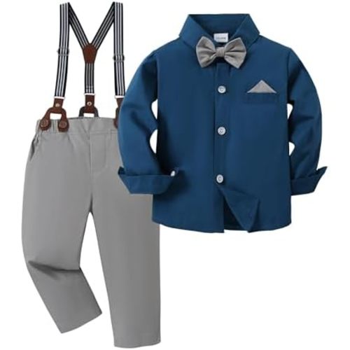 CARETOO Toddler Boy Clothes Suit Gentleman Wedding Outfits Kids Formal Dress Shirt Bowtie Long Suspender Pants Overalls 1-5T