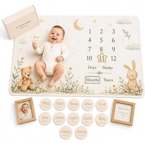 Baby Baby Milestone Blanket with 12 Discs & 2 Wooden Frames, Neutral Bear
