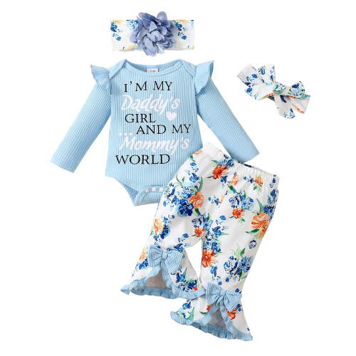 Newborn Baby Girls Clothes 3 Months Girls 4PCS Floral Romper Outfits Set Letter Print Newborn Girls Long Sleeve Top Pants Set with Headband Blue