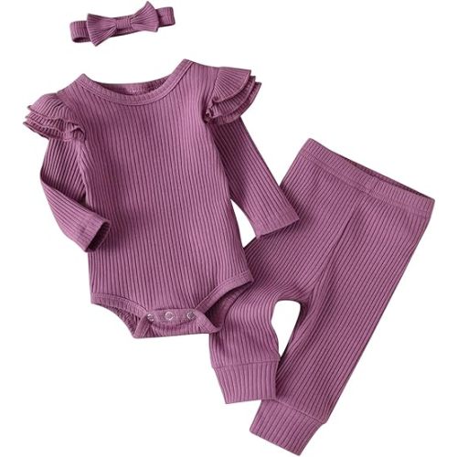 Kulcerry Newborn Infant Baby Girl Clothes Solid Color Ribbed Long Sleeve Romper Pants Headband Outfits Set