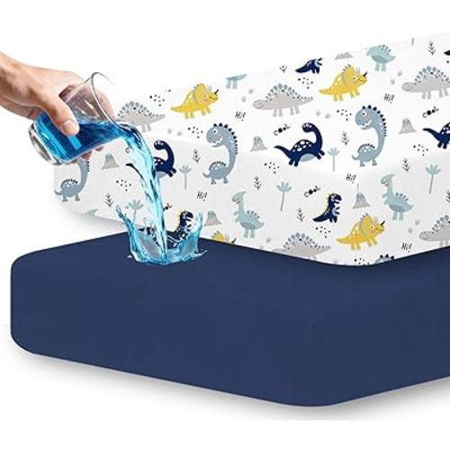Little Grape Land Waterproof Crib Sheets for Boys Girls, Soft and Breathable Waterproof Baby Crib Sheets 52"x28", Crib Mattress Sheets Neutral for Standard Crib and Toddler Bed Mattress (Dinosaur)