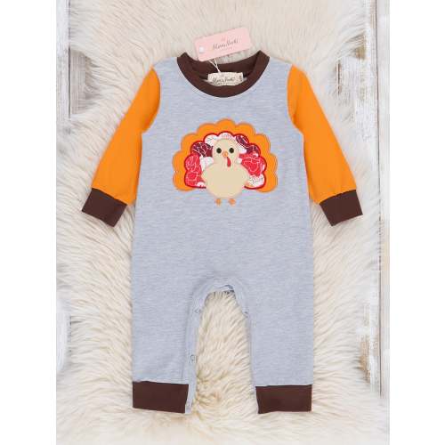 Orange & Grey Embroidered Turkey Romper