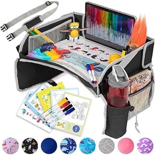 PILLANI Kids Travel Tray for Car - Car Seat Tray for Kids Travel, Car Trays for Kids Roadtrip Essentials, Carseat Table Tray for Kids Road Trip Activities - Toddler Lap Desk Organizer for Airplane