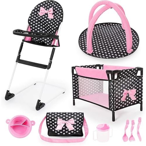Bayer: Travel 9 Piece Set - Black, Pink, Hearts - Bed, Highchair, Playground & Accessories for Dolls Up to 18", Kids Toy, Ages 3+