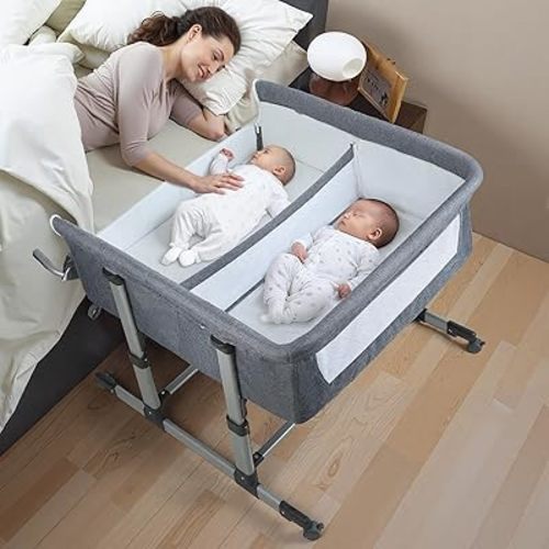 Twin Bassinet for 2 Babies, with Wheels and Mattress, Max Load 88 lb (Gray)