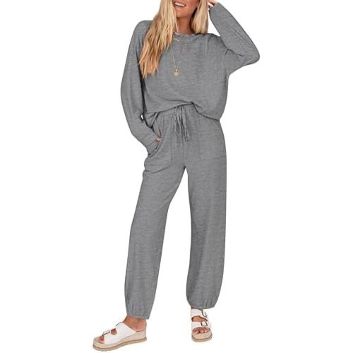 KIRUNDO Fall 2 Piece Lounge Sets for Women Long Sleeve Ribbed Knit Tops Jogger Pants Matching Sweat Set Travel Outfits