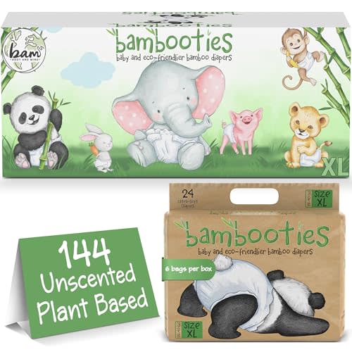 Bamboo Baby Diapers, Totally Chlorine Free for Sensitive Skin for Newborns to XXL. Hypoallergenic & Non Toxic Eco Friendlier Plant-Based Materials. TCF XL Size 5 Diapers (144 ct)