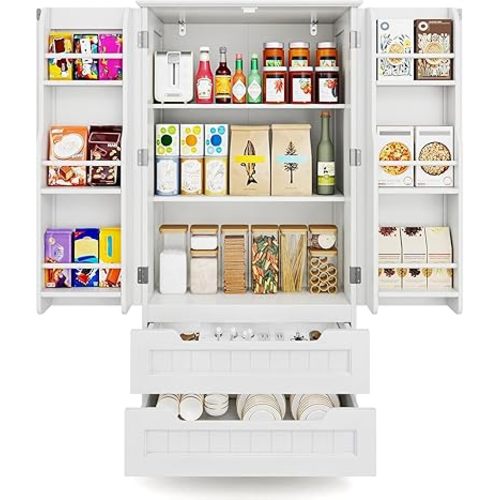 Gizoon Kitchen Pantry Storage Cabinet with Drawers Freestanding Bathroom Storage Cabinets with Doors and Shelves, 47" Small Food Pantry Cabinet for Dining Room Craft Room, White