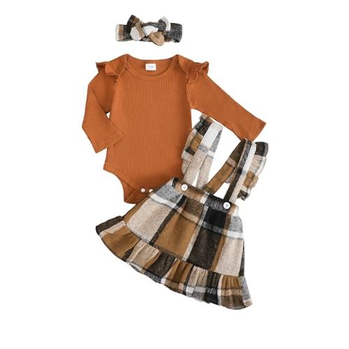 Kucnuzki Newborn Baby Girl Clothes Toddler Long Sleeve Ruffle Romper Top Infant Skirt Set Little Girl Overall Dress