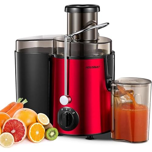 Juicer Machine, HOUSNAT Centrifugal Juicer 400 W Motor, 65MM Wide Chute for Whole Fruit and Vegetables, Juice Extractor with 3 Speeds, Upgraded Version Quick Juicing, Easy to Clean, BPA Free, Red