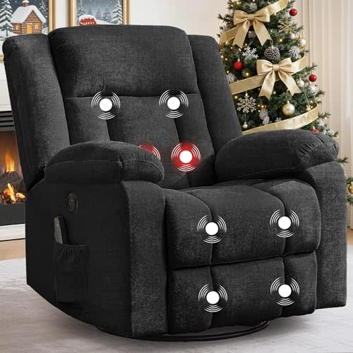 Korser Rocker Recliner, Glider Recliner Chairs for Adults, 360° Swivel Rocking Chair with Massage and Heating, Nursery Chair with Storage and USB Charging for Living Room, Bedroom, Nursery