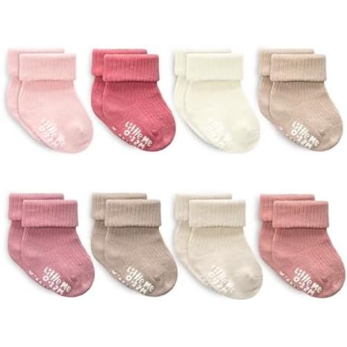 Little Me Baby Socks 16 Pairs | 61% Organic Cotton | Sizes 0-12M & 12-24M | Seamless Toe & Anti-Slip Gripper Sole