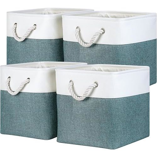 Temary 12 Inch Cube Storage Baskets 4 Pack Fabric Storage Bin for Organizing, Shelf Baskets for Home Office Closet, Collapsible Cube Storage Bins (White&Dark Green)