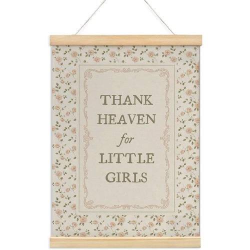NaZaUK Vintage Nursery Decor Girl Baby Wall Art Poster Hanger Frame, Thank Heaven for Little Girls Quotes Wall Decor, Vintage Farmhouse Floral Decor Aesthetic for Nursery Bedroom Home, 12x16 Inch