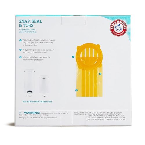Munchkin Arm & Hammer Diaper Pail Refill Bags, Snap, Seal, Toss Disposable Diaper Trash Bags, Lavender Scented, 20 Pack, Holds up to 600 Newborn Diapers