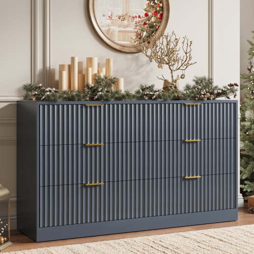 YouTrend 6 Drawer Dresser for Bedroom,55.1"Width Fluted Wood Chest of Drawer with Golden Embedded Handles for Living Room,Blue
