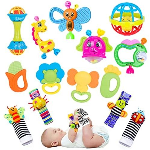 Baby Rattles Toys for 0-6 Months - 14 PCS Infant Toys 0-3 Month Old Baby Boy Girl Gifts Set with Teething and Wrist Socks Rattle Infant Newborn Sensory Toy