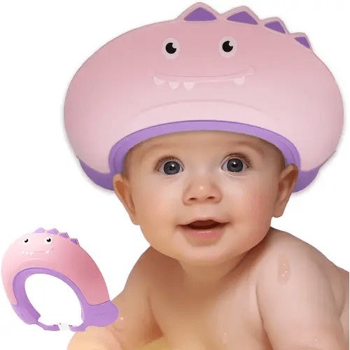 Baby Shower Cap Shield, Shower Cap for Kids, Visor Hat for Eye and Ear Protection for 0-9 Years Old Children,Cute Dinosaur shape Makes the Baby Bath More Fun (Pink)