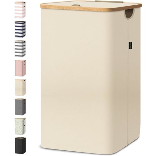 BALEINE Laundry Hamper with Lid, Tall Laundry Baskets with Bamboo Pull Handles, Large Laundry Bin with Internal Support (26 Gal/100L, Beige)