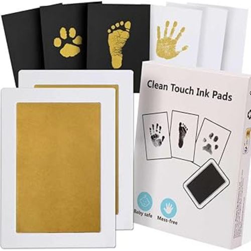 Baby Handprint and Footprint XL Size Kit,2 Pcs Baby Handprint Ink Pads with Clean-Touch & 6 Imprint Cards Safe for Baby, Family Keepsake, Pet Paw-Gold