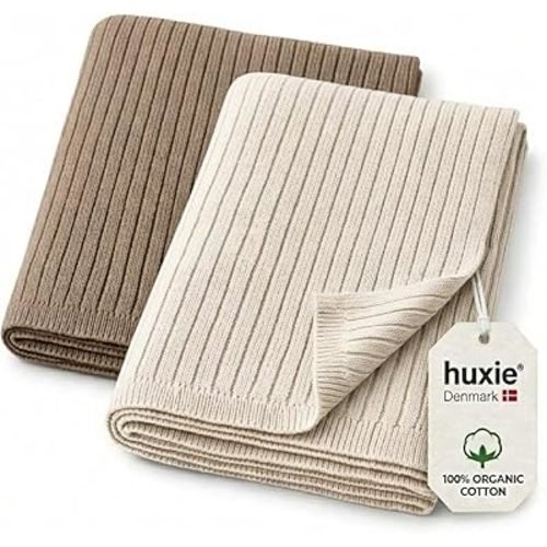 Knitted Organic Cotton Baby Blanket- Swaddle Blanket, 30" x 40" Soft Ribbed Blanket for Newborn 2-Pack (Ivory & Mochachino)