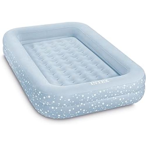 Intex 66810FL Inflatable Kidz Travel Bed Set, Includes Hand Pump and Carry Bag, Removable Mattress, Quick Inflation, Indoor Use, 42in x 66in x 10in, Blue with Star Print Frame