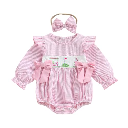 mlpeerw Baby Girl Fall Clothes Newborn Golf Embroidery Long Sleeve Smocked Bubble Romper Onesie Bodysuit Cute Golf Outfit