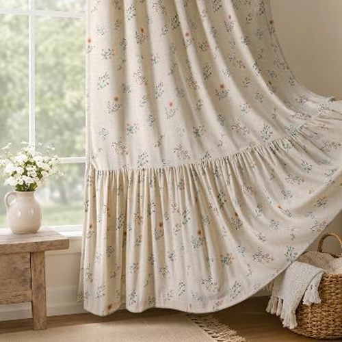Ruffle Floral Blackout Curtains Farmhouse Linen, 52" W x 84" L, 2 Panels
