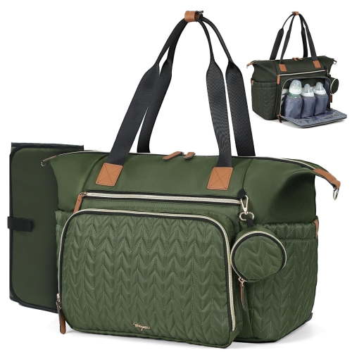 Large Waterproof Diaper Bag Tote with Changing Pad & Pacifier Case, Travel Baby Bag for Labor Delivery Hospital, Dark Green