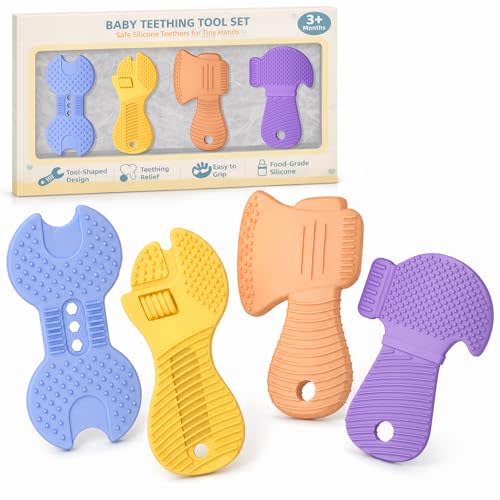 Baby Tool Teethers 4 Pack, Textured Sensory Teething Toys for Boys 0-6 Months, Wrench Screwdriver Hammer & Axe Silicone Chew Toys, Baby Shower Gifts for Newborn & Infants