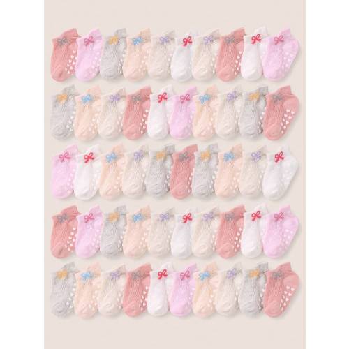 24/12/6/1 Pair Random Color Heart Pattern Anti-Slip Floor Socks, Suitable For Infants And Toddlers In Summer, Breathable Mesh Design For Comfort And No Stuffiness, Ear-Pull Design To Prevent Slipping, Can Be Paired With All Outfits, Elastic Cuff With Lace