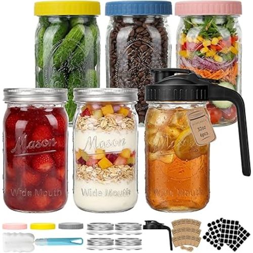 CycleMore 32 oz Wide Mouth Mason Jars with Airtight Metal Lids, 6-Pack Canning Jars with Colorful Plastic Lids & Pitcher Lid, Quart Jars for Overnight Oats, Pickling, Cold Brew, and Sun Tea