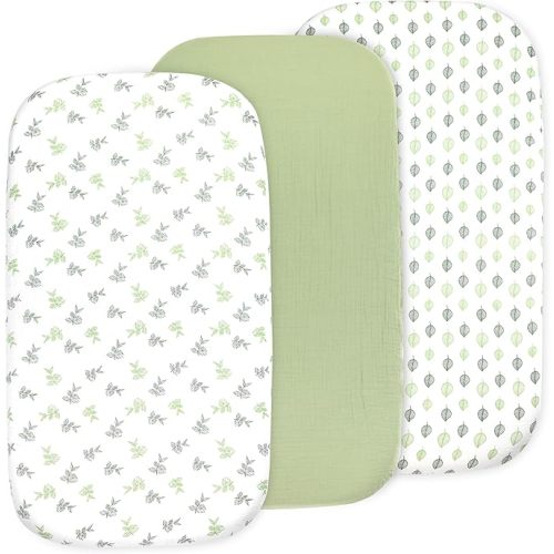 Bassinet Sheets for Baby Girl & Boy – 3-Pack Soft Fitted Bassinet Sheets, Organic Cotton, Breathable & Cozy, Fits 32x16x4 Inch Rectangle, Oval & Hourglass Mattresses (Grey/White)