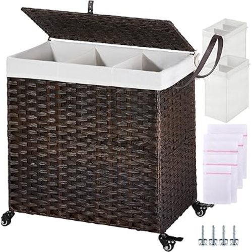GREENSTELL Laundry Hamper with Wheels&Lid, 130L Large 3 Sections Clothes Hamper with 2 Types Removable Liner Bags, 5 Mesh Laundry Bags, Handwoven Divided Laundry Basket Brown