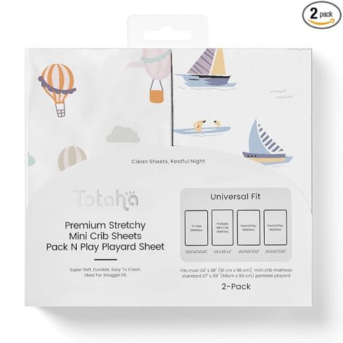 TotAha Premium Stretchy Pack N Play Playard Sheets | Mini Crib Sheets (2-Pack)-Hypoallergenic, Silky Comfort, Buttery Soft, Calming Effect, All-Season Jersey-Knit Sheets 38 X 24 (Balloon & Sailboat)