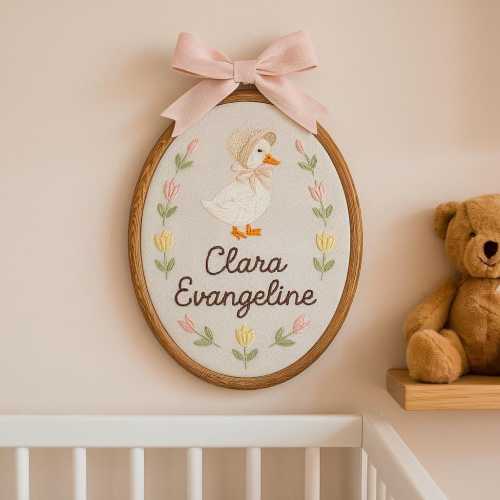 Hand Embroidered Baby Name Hoop: Goose & Flowers Nursery Decor