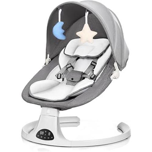 Baby Swing for Newborn to Toddler, 5 Speed Portable Infant Swing with Bluetooth Touch, Remote Control, 10 Lullabies, Timer, 5 Point Harness and Soft Fabric (Grey)
