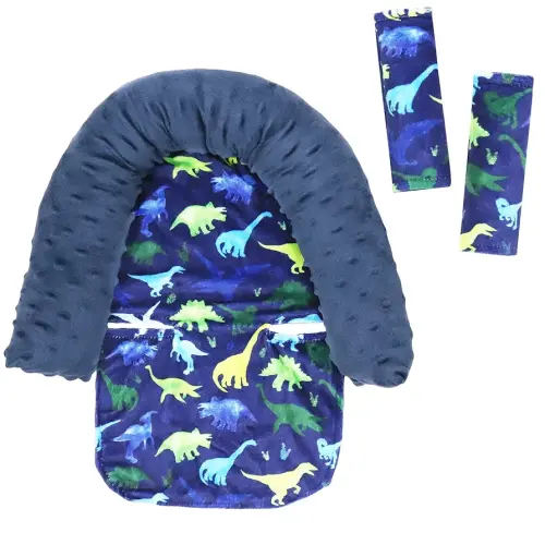 Baby Carseat Headrest and Strap Covers, Dinosaur Minky Infant Strollers Head Support & Seat Belt Cover, Toddler Strollers Headrest and Neck Cover, Car Accessories for Newborn Boys Girls