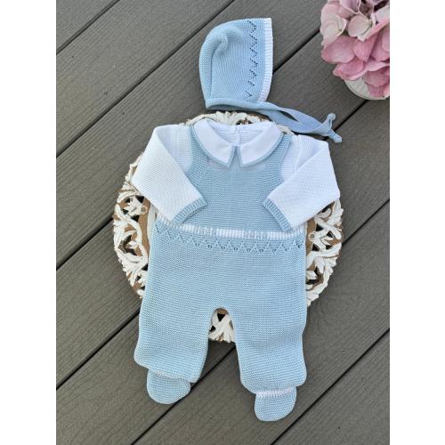 Java Baby Knit Romper in Sky Blue and White