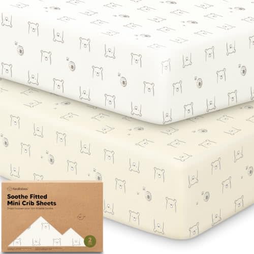 2pk Mini Crib Sheets Fitted 38x26 Pack N Play Mattress Sheet (Bumble Bear) | Organic Cotton Sheets for Pack and Play Mattress, Soft, Breathable Playard Bedding Sheet, Mini Toddler Bed Cover, Boys, Girls