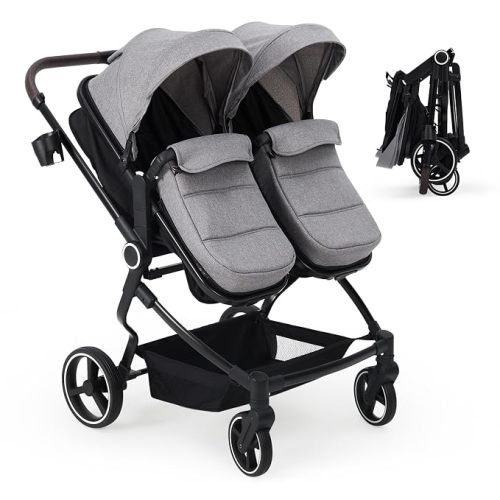 GarveeLife Side by Side Double Stroller for Twins, Lightweight Compact Foldable Baby Travel Stroller with High Landscape Seat, Adjustable Canopy & Recline for Infant and Toddler, Dark Grey