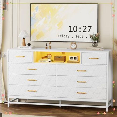 8 Drawer Dresser for Bedroom, Dresser with Led Light, 55 Inch Tv Stand Dressers with Power Outlet