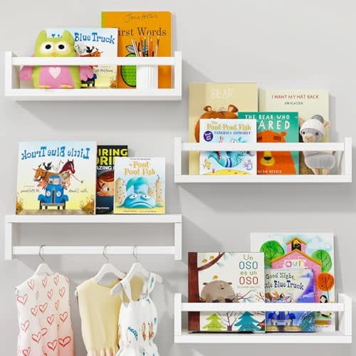 Nursery Book Shelves, 16.5 Inch Floating Bookshelves for Nursery & Playroom Decor, Set of 4, Solid Wood Wall Mounted Shelves for Books and Toys Storage (White)
