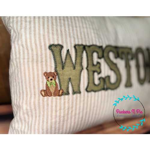 Teddy Bear nursery pillow with name, Embroidered floral letters
