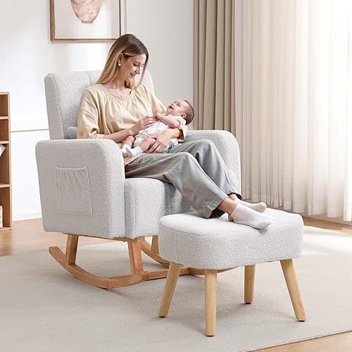 Rocking Chair with Ottoman, Upholstered Nursing Glider Rocker with High Backrest and Side Pocket, Comfy Reading Chair with Solid Wood Legs for Nursery/Living Room/Bedroom White