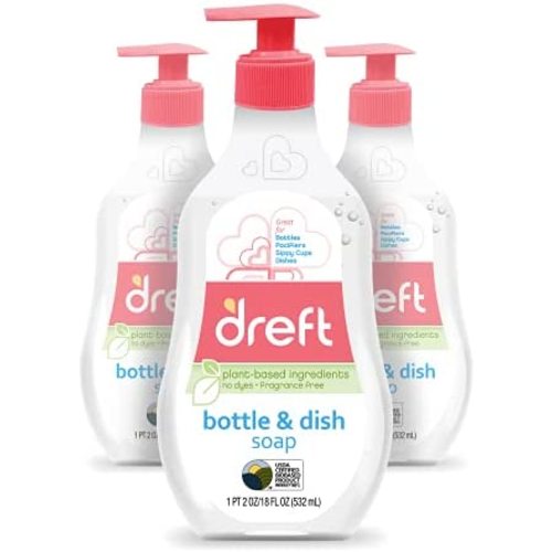 Baby, Bottle and Dish Soap by Dreft, Removes Milk Film & Odor, Plant Based, Fragrance Free, 18 Fl Oz (Pack of 3, 54 Total Ounces)